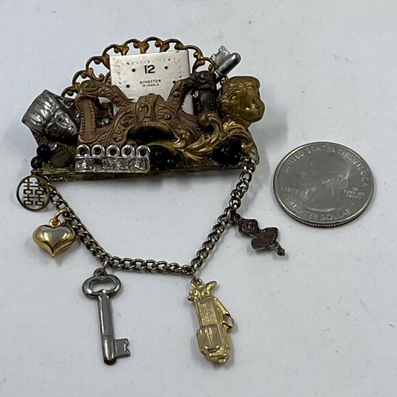 Vintage Maximal Art Collage Brooch Pin Mixed Materials Signed 80 Art Assemblage - Picture 11 of 11